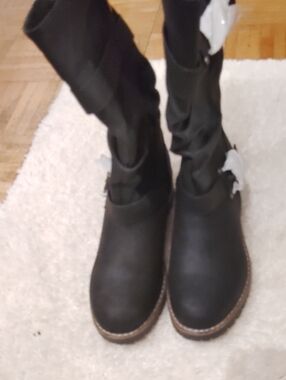 Global Win Black Tall Moto Boots with Brown Trim